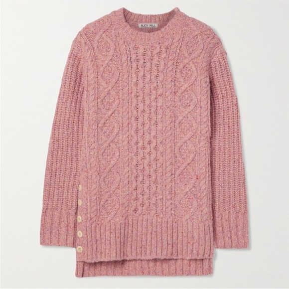 Alex Mill Button Side Aran Cable Knit Merino Wool Sweater in Dried Rose - Picture 3 of 14